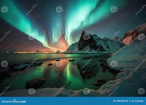 Aurora Borealis at Lofoten Islands, Norway Stock Illustration ...