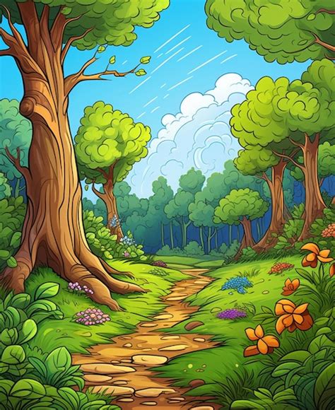 Ilustración de dibujos animados de un camino en el bosque con flores y