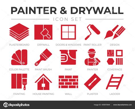 Red Painter Drywall Icon Set Plasterboard Paint Roller Brush Painter