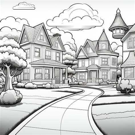 Premium Photo | Cartoon drawing of a suburban neighborhood with a ...