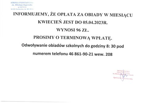 Op Aty Za Obiady W Kwietniu Szko A Podstawowa W K Tach