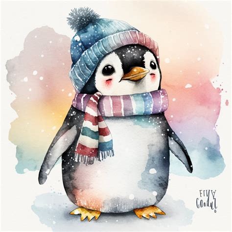 Penguin Watercolor Clipart Nursery Decor Penguin With Hat Watercolor