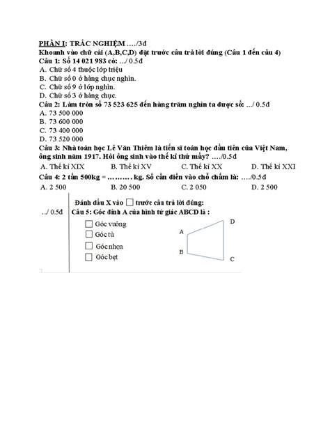 ĐỀ TOÁN CUỐI KÌ 1 LỚP 4 TOÁN PHẦN I TRẮC NGHIỆM 3đ Khoanh vào