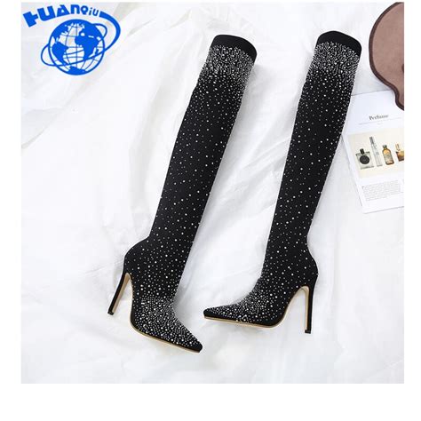 Huanqiu 2018 Fashion Crystal Stretch Fabric Sock Boots Pointy Toe Over