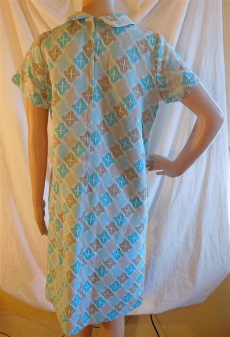 Turquoise Brown Pussy Bow Collar Day Dress Vintage S S Short Sleeve Day Dress Sheath Dress