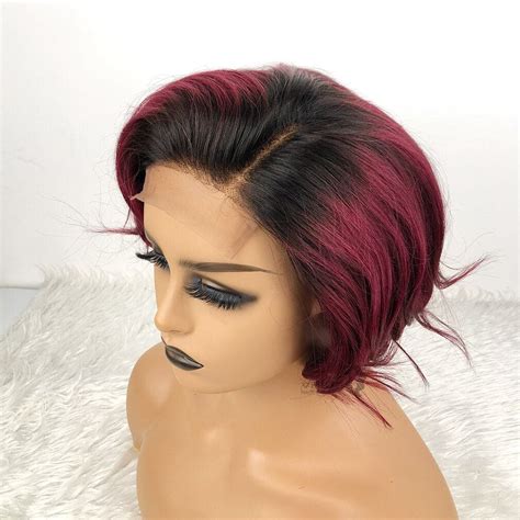 1b 99j 13x1 T Lace Side Part Straight Short Pixie Cut Bob Wigs For Wom