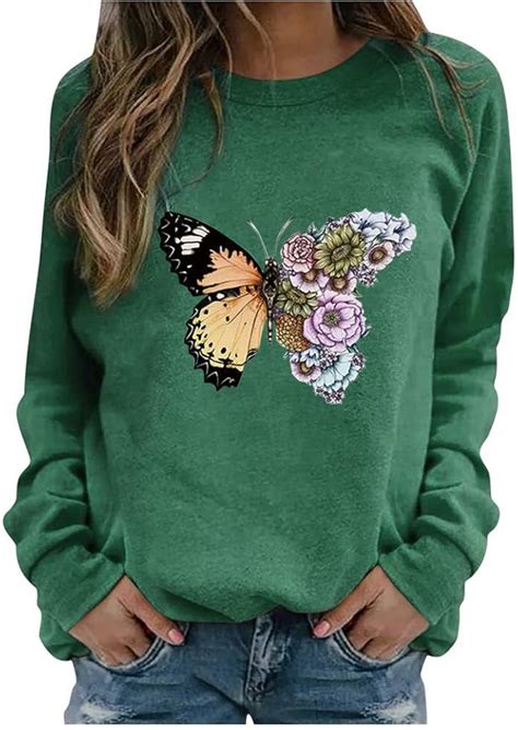 AmyGline Langearmshirt Damen Pullover Schmetterling Drucken Rundhals