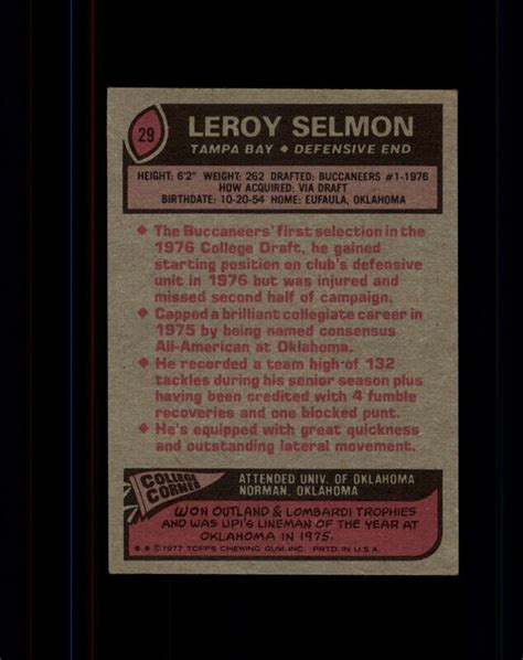 Leroy Selmon 1977 Topps 29 Tampa Bay Buccaneers Rookie Card EBay