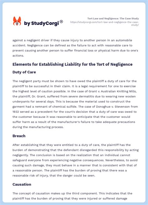 Tort Law And Negligence The Case Study Free Essay Example