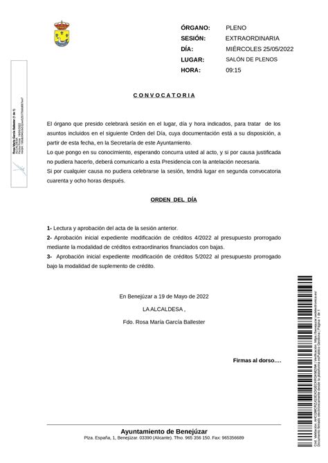 Convocatoria De Pleno Extraordinario Benej Zar