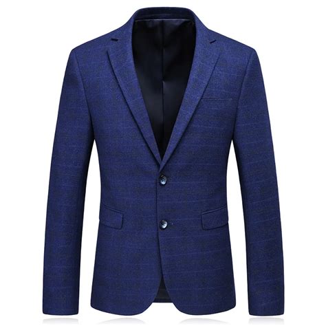 Navy Check Two Button Men Blazer Slim Fit 2018 Autumn New Blue Plaid Print Casual Suit Jacket