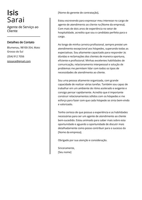 Carta de Apresentação Agente de Serviço ao Cliente Exemplo e guia