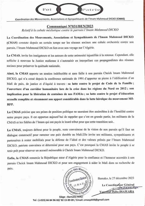 Mali Communiqué de la CMAS relatif à la cabale médiatique contre son