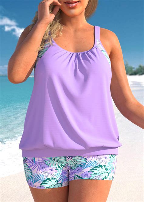 Floral Print Light Purple Plus Size Tankini Set Modlily USD 42 98