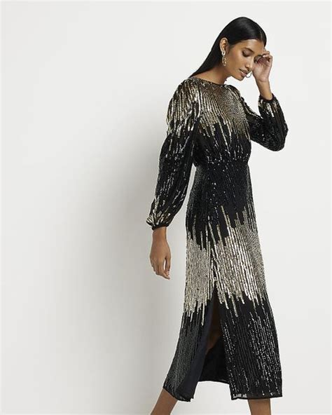 River Island Black Sequin Long Sleeve Smock Maxi Dress Lyst