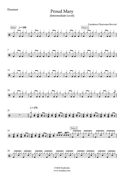 Drums Sheet Music Proud Mary Intermediate Level Glee Version Short