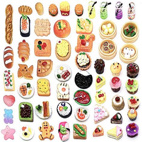 60 Pieces Miniature Food Drinks Toys Mixed Resin Foods For Doll Kitchen