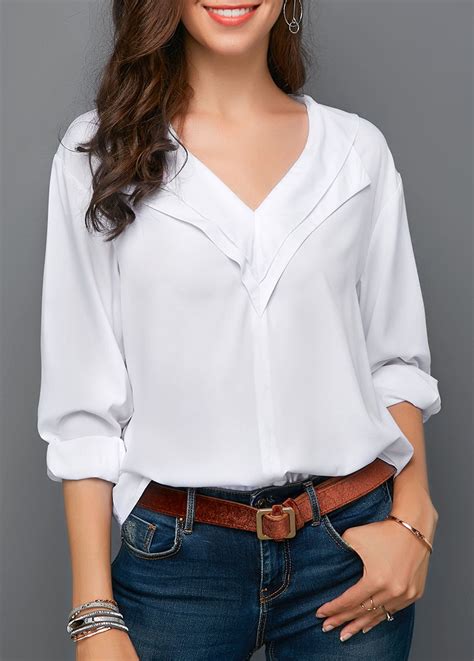 White Long Sleeve V Neck Blouse Usd 29 98 Blusas