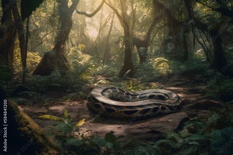 Green Anaconda Basking In The Sun In The Amazon Rainforest Animal