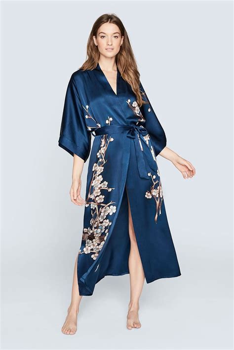 Silk Handpainted Cherry Blossom Long Kimono Robe Long Kimono Silk