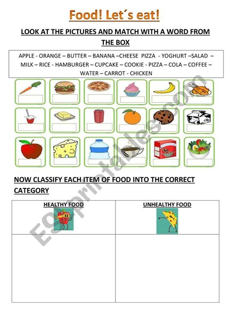 Food: Let´s eat! Healthy vs Unhealthy food! - ESL worksheet by rocio88