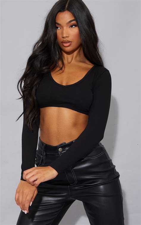 Basic Black Cotton Long Sleeve Deep V Crop Top Tops Prettylittlething