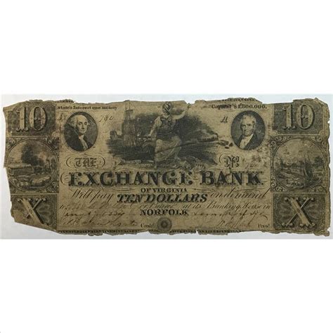 1852 10 Exchange Bank Of Virginia Norfolk Obsolete Bank Note