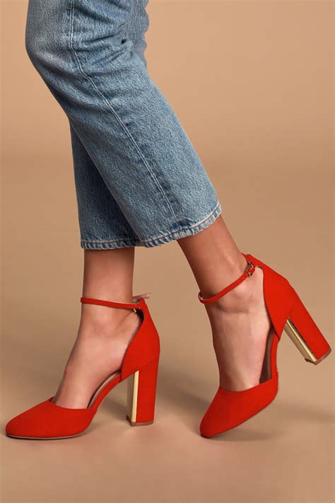 Chic Red Suede Heels Ankle Strap Heels Block Heels Lulus