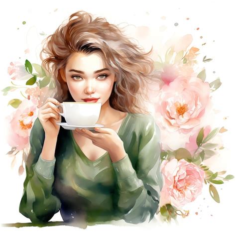 Premium AI Image Beautiful Girl Drinking Coffee Watercolor Clipart