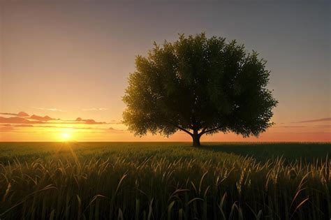 Un árbol solitario en un campo de trigo al atardecer Foto Premium