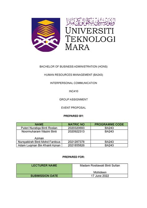 Event Proposal Group Assignment Bachelor Of Business Administration