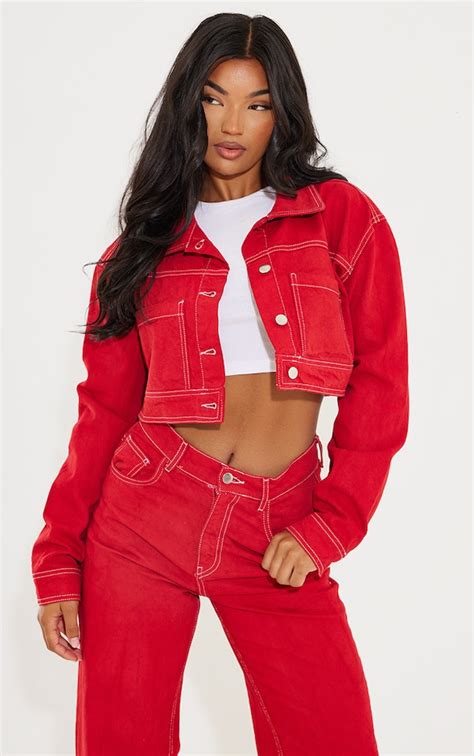 Red With Contrast Stitch Crop Denim Jacket Denim Prettylittlething