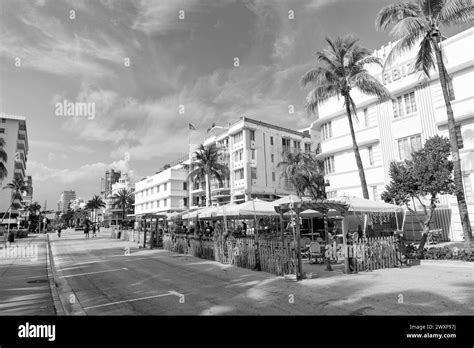 Miami USA April 18 2021 Ocean Drive Street With Art Deco Hotels