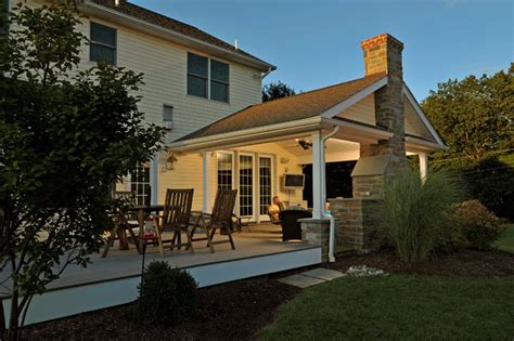 Covered Porch with Stone Hearth, Fireplace and Attached Deck ...