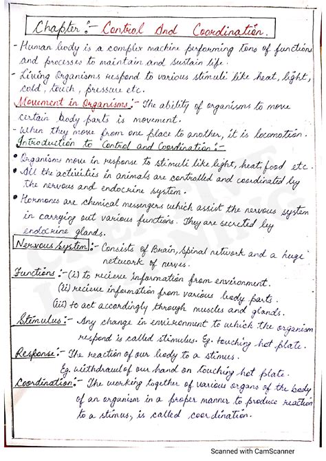 Control And Coordination Handwritten Notes For Class Th Off