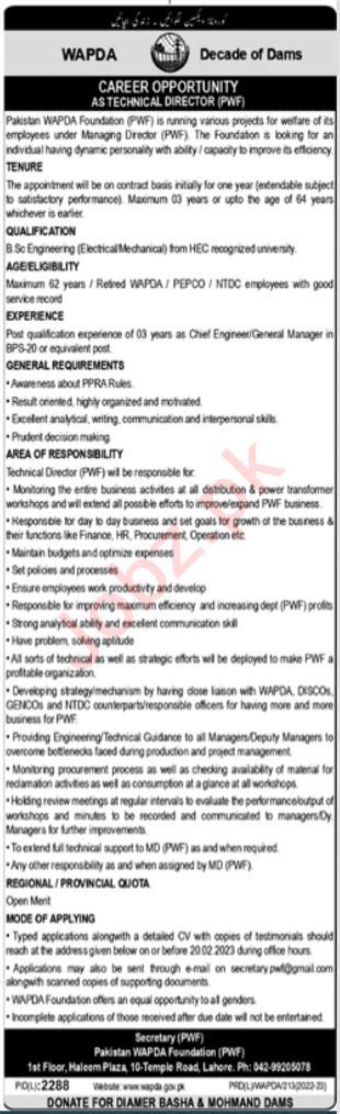 Job Position At Water And Power Development Authority Wapda Job