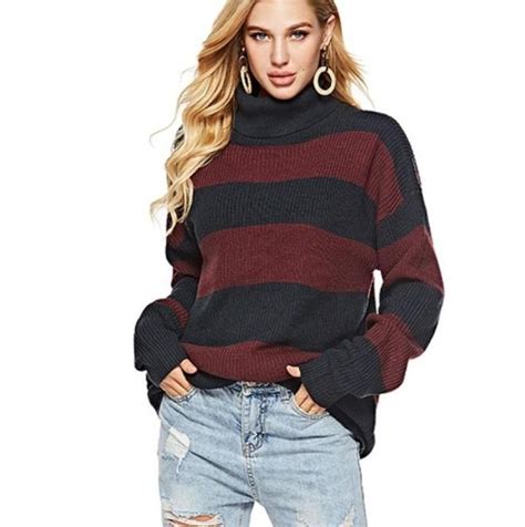 Womens Wide Striped Turtleneck Sweater