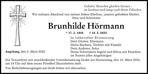 Traueranzeigen von Brunhilde Hörmann Augsburger Allgemeine Zeitung