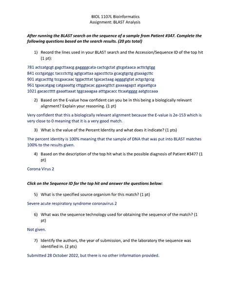 Blast Analysis Lab BIOL 1107L Bioinformatics Assignment BLAST