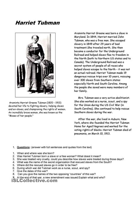 Harriet Tubman Biography For Kids Printable Tedy Printable Activities