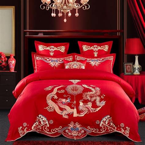 Red Egyptian Oriental Embroidery Cotton Wedding Luxury Bedding Sets Be