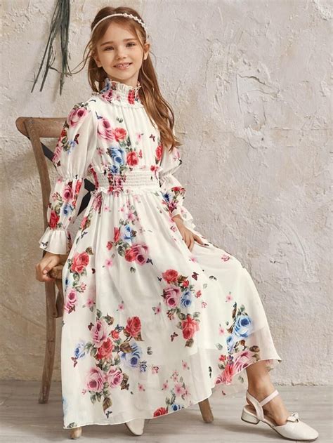 Vestido De Ni As De Gasa Con Estampado Floral De Cintura Fruncido De