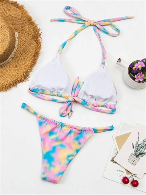 Emmiol Free Shipping Knotted Halter Bikini Set Mixcolor L In