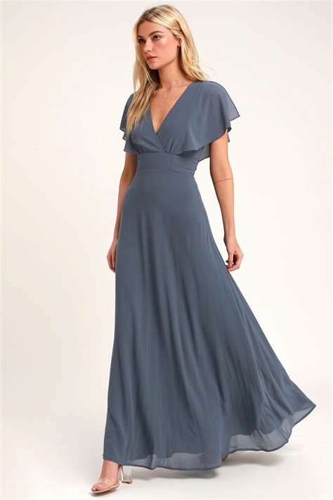 Dearly Loved Slate Blue Flutter Sleeve Maxi Dress Weddingcocktaildress