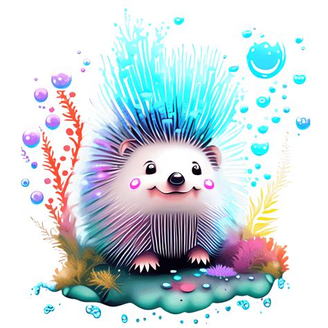 Colorful Splash Glitter Porcupine Graphic With Bubbles And Seaweed