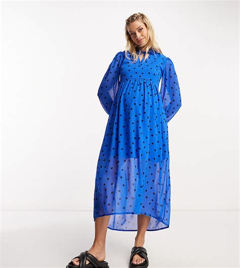 Wednesdays Girl Maternity Tiered Polka Dot Midi Smock Dress In Blue