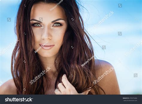 Sexy Brunette Girl Red Swimsuit Posing Stock Photo Shutterstock
