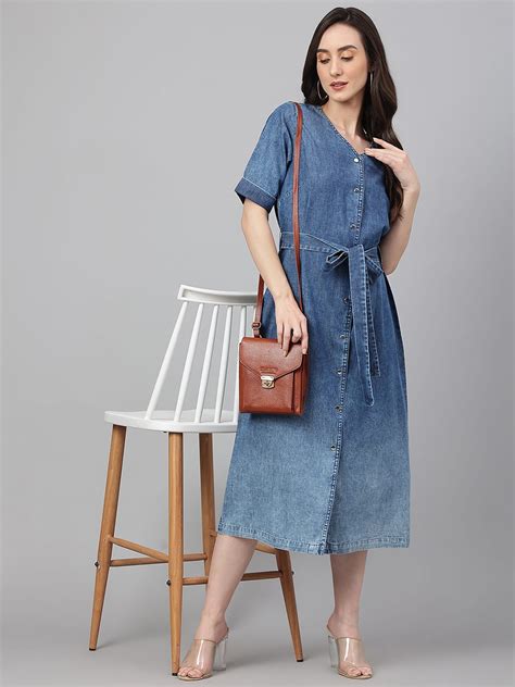 Janasya Indian Women S Blue Denim Solid Straight Western Dress