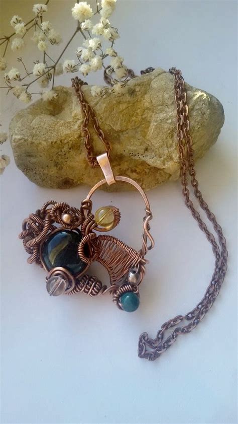 Copper Wire Heart Pendant With Natural Gems On Long Copper Chain By