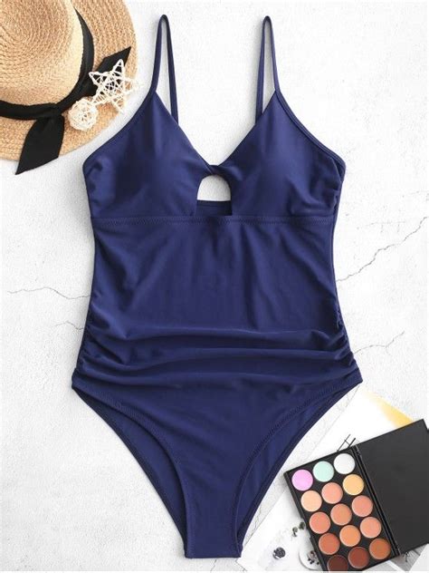 Off Zaful High Cut Twist Ruched One Piece Swimsuit In Deep